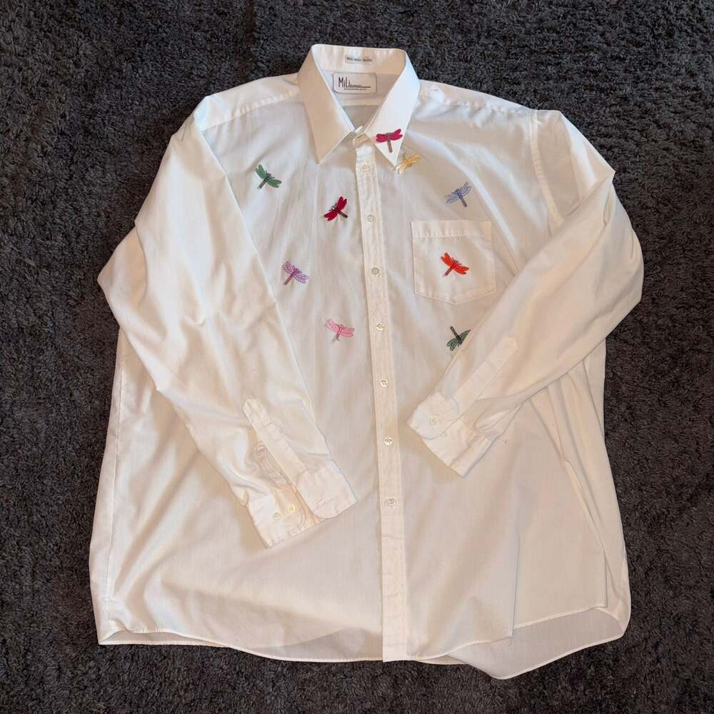 Embroidered Dragonfly Button-Down Shirt - White - Picture 1 of 4